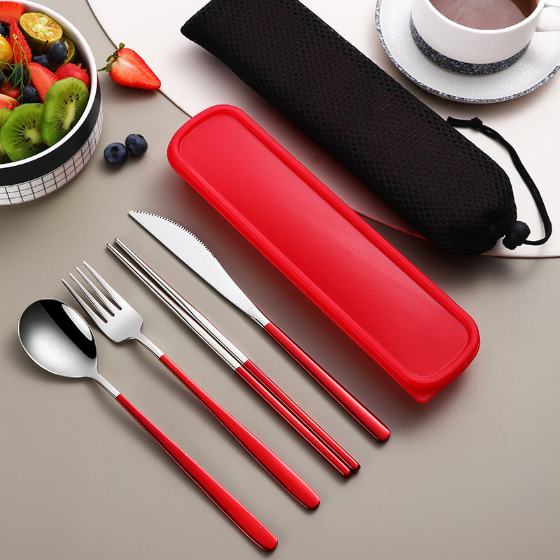 4 Piece Cutlery Set With Case Silver Red