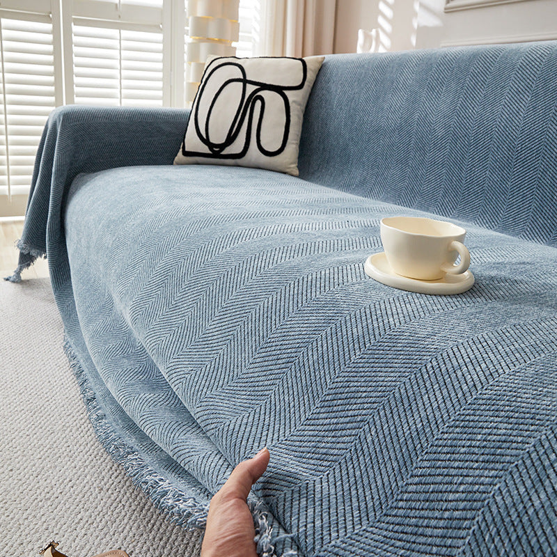 Chenille Herringbone Sofa Cover Blue