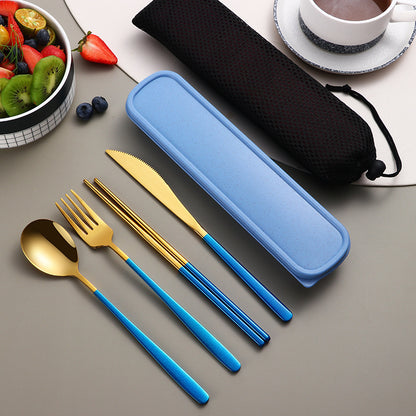 4 Piece Cutlery Set With Case Gold Blue