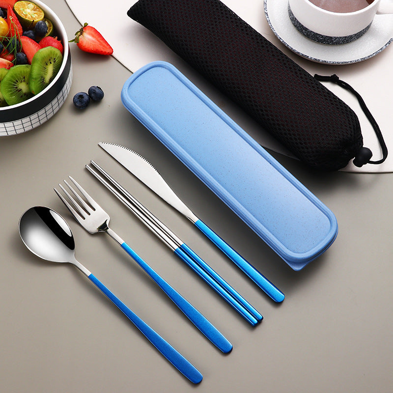 4 Piece Cutlery Set With Case Silver Blue