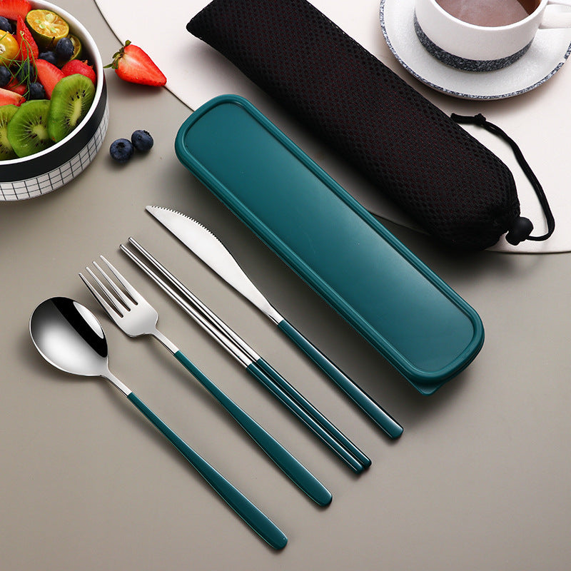 4 Piece Cutlery Set With Case Silver Green